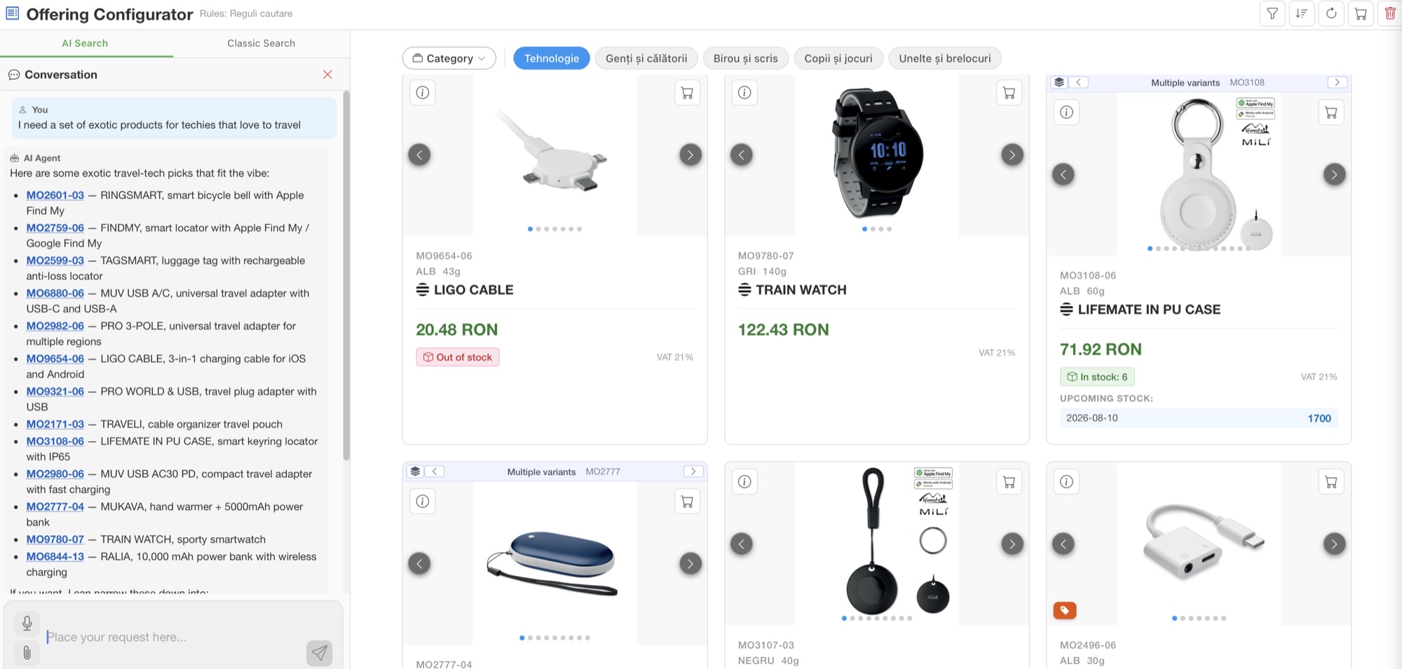 AIxOffice AI search: a plain-language request returns matching products with codes, prices, VAT, stock per warehouse and upcoming availability.