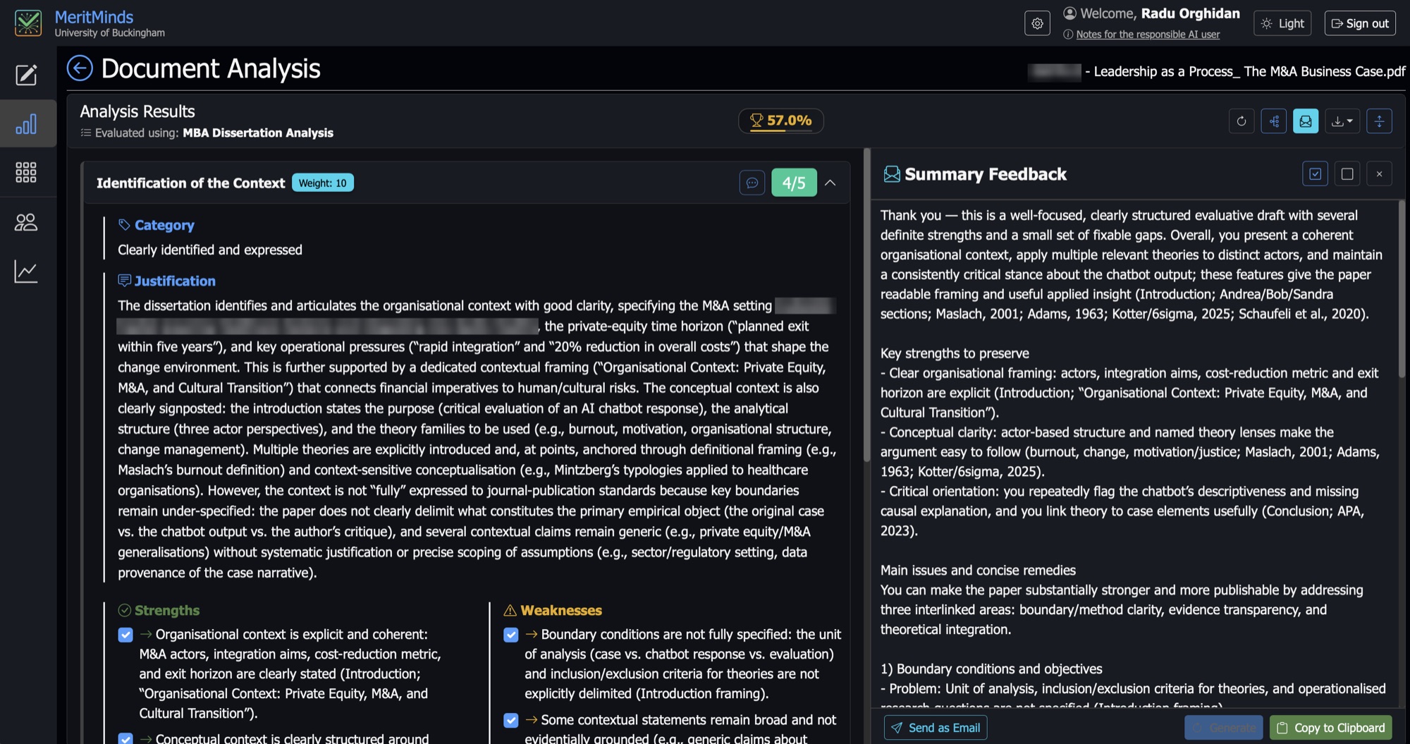 MeritMinds summary feedback: a structured narrative with strengths to keep and concrete remedies, ready to edit and send.