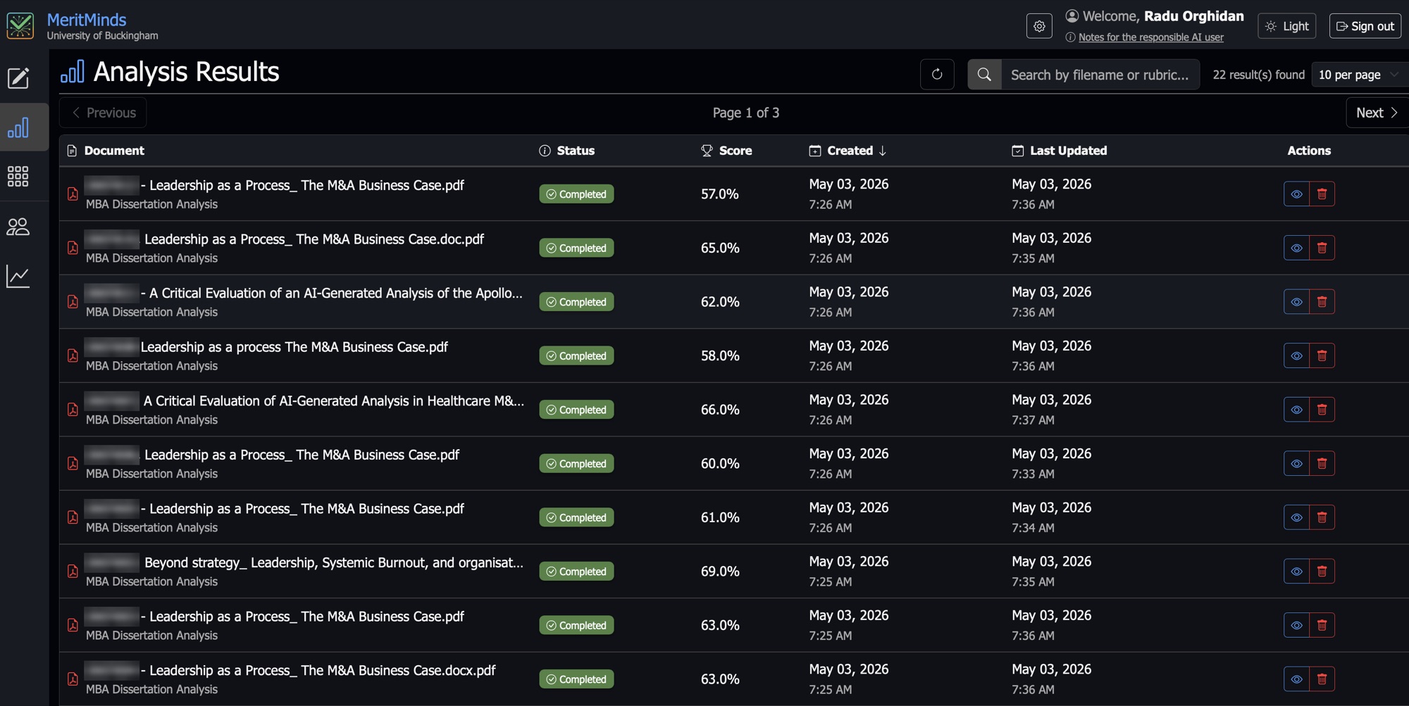 MeritMinds results table: a batch of submissions, each showing the rubric used, completion status and score.
