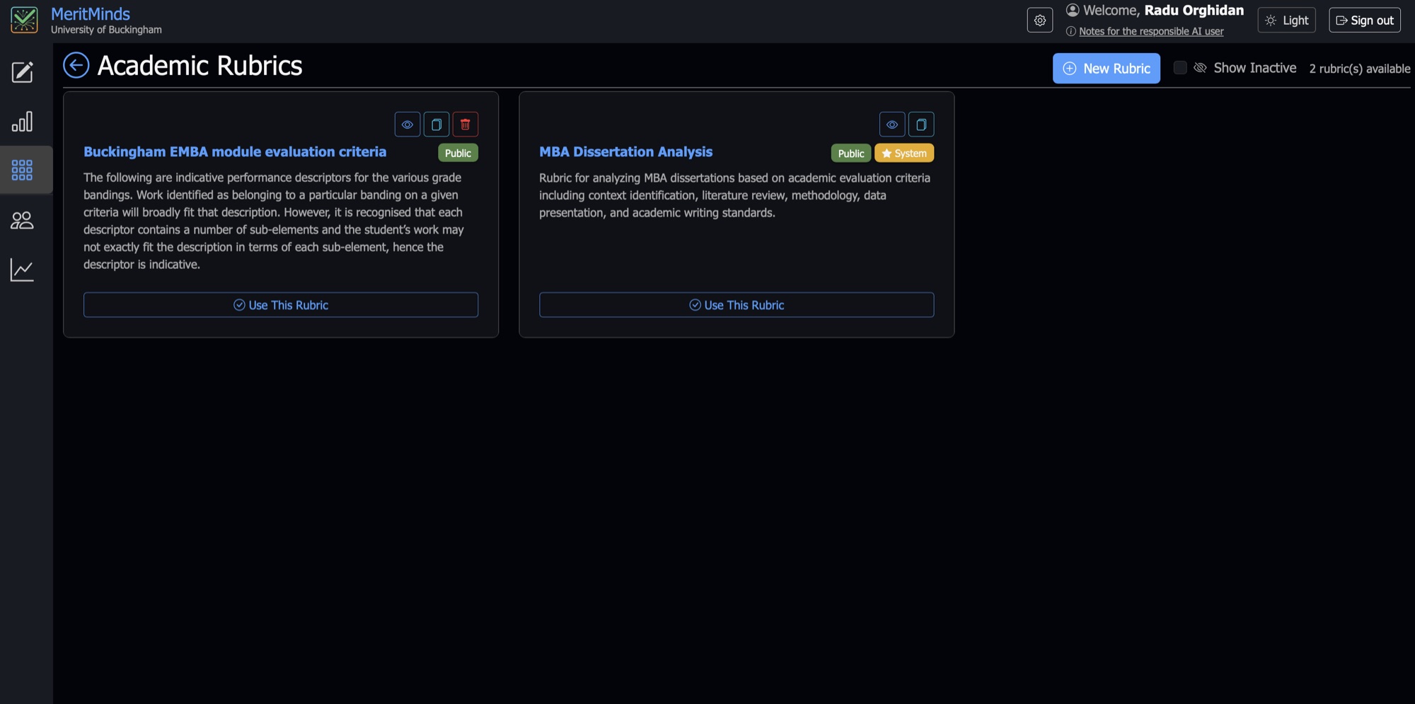 MeritMinds rubric library: built-in academic rubrics alongside an institution's own evaluation criteria.