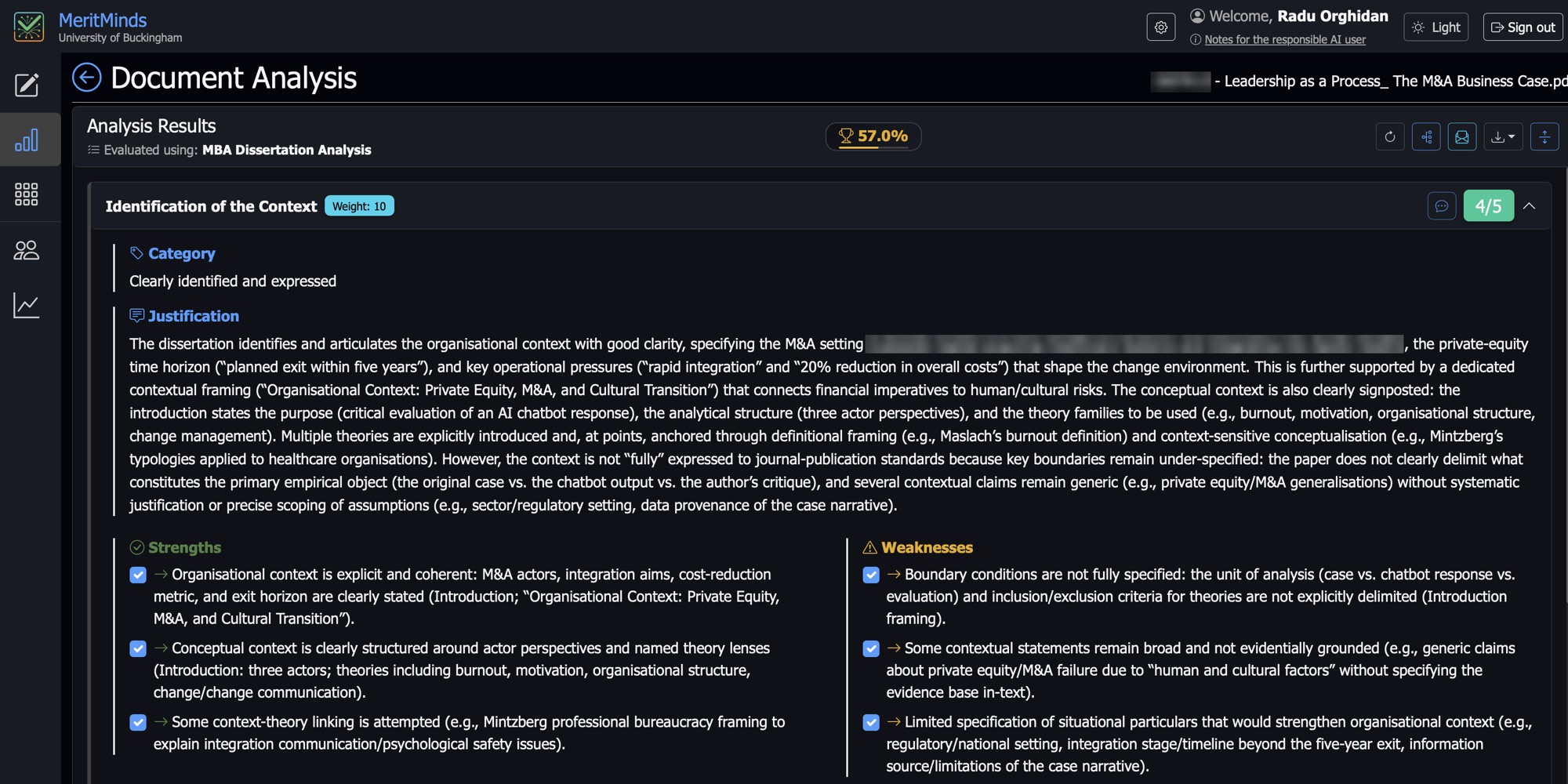 MeritMinds scoring detail: a criterion score with a written justification quoting the text, plus strengths and weaknesses.
