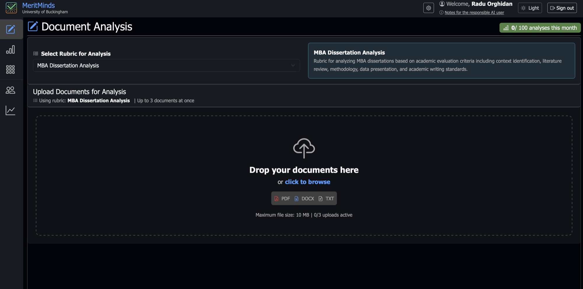 MeritMinds document analysis: pick a rubric, then drop PDF, DOCX or TXT submissions for evaluation.